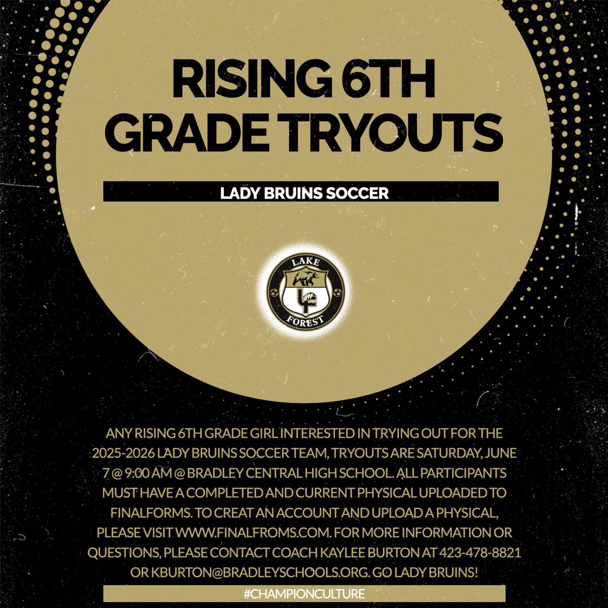 Rising 6th Grade Lady Bruins Soccer Tryouts Information! #ChampionCulture