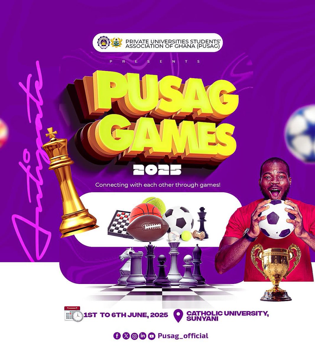 Official_pusag's tweet photo. 🔥 GAME ON! 🔥
PUSAG GAMES 2025** is here—your chance to compete, win big, and dominate!🏆🎮
📍 Catholic University Of Ghana Sunyani
🗓 **1st–6th June 2025
Bring your A-game and leave as a champion! ⚡ #PUSAGGames2025 #GameToWin https://t.co/s89RLqI4oW