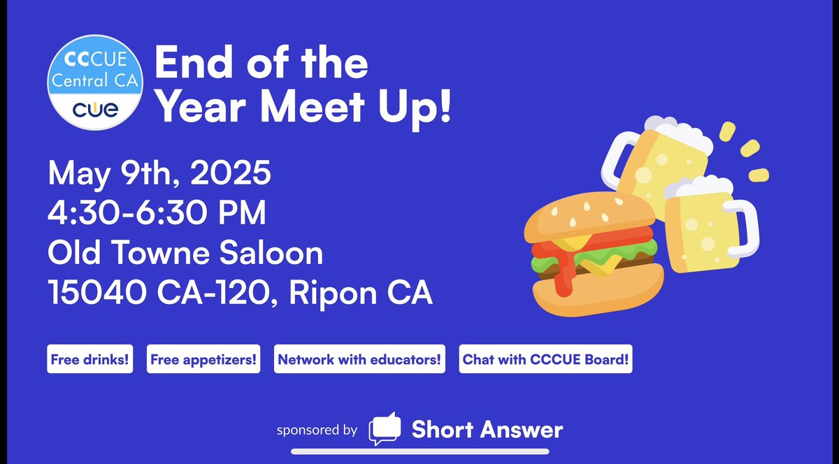 Robert Mayfield (@mrmayfieldrhs) on Twitter photo 📣 Central Valley educators! Join us for <a href="/CentralCalifCUE/">CentralCaliforniaCUE</a>'s End-of-Year Meetup 🎉 <a href="/myshortanswer/">Short Answer</a> CEO <a href="/mrsparkstweets/">Adam Sparks</a> will be in attendance!
🗓 May 9 | 🕟 4:30–6:30 PM
📍 Old Towne Saloon, Ripon
🍴 Free apps, beverages, & networking!
RSVP: bit.ly/cccuemeetup
<a href="/cueinc/">CUE</a> 📣 Central Valley educators! Join us for <a href="/CentralCalifCUE/">CentralCaliforniaCUE</a>'s End-of-Year Meetup 🎉 <a href="/myshortanswer/">Short Answer</a> CEO <a href="/mrsparkstweets/">Adam Sparks</a> will be in attendance!
🗓 May 9 | 🕟 4:30–6:30 PM
📍 Old Towne Saloon, Ripon
🍴 Free apps, beverages, & networking!
RSVP: bit.ly/cccuemeetup
<a href="/cueinc/">CUE</a>