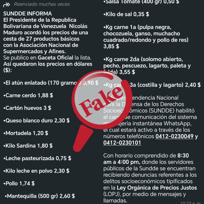 ¿El Gobierno venezolano fijó el precio de 27 productos de la canasta alimentaria?

🚫 #FAKE.

El decreto compartido en #WhatsApp es de 2020 y no guarda relación con alguna medida tomada en 2025.

👉 En su momento, esta resolución fue ampliamente documentada por diversos medios de