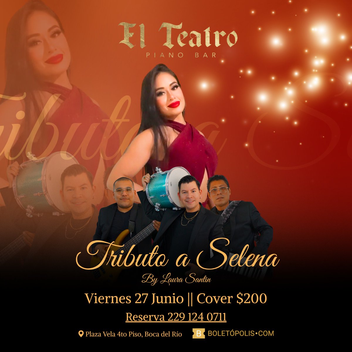 💜 BOCA DEL RIO, VERACRUZ 💜 

Tenemos una cita para disfrutar de todos los exitos de #Selena 🌹

📆 Viernes 27 de junio 
⌚ Puertas abren 8:30 pm 
📍 El Teatro Piano Bar 
🎫 boletos en preventa ya disponibles en blt.mx/r0f 

#SelenaVive #TributoASelena #BocaDelRio