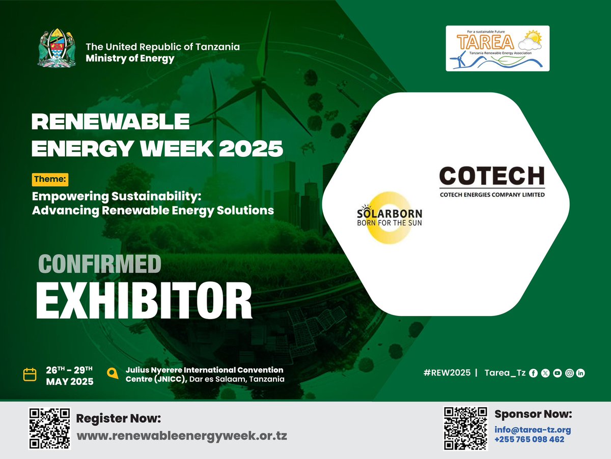 TAREA is proud to announce <a href="/solarborn2021/">solarborn</a> as an official exhibitor for Renewable Energy Week on 28th&amp; 29th May 2025 at JNICC in DSM Tz
Get ready for the week packed with insights, innovative and inspiration as we explore the journey of renewable energy
RenewableEnergyWeek.or.tz