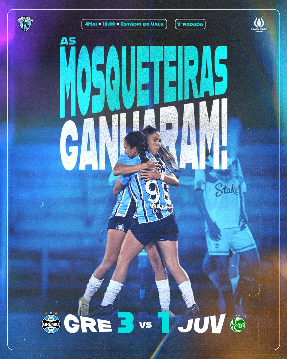 VITÓRIA MONUMENTAL: #Grêmio 3x1 Juventude
Mesmo com uma jogadora a menos, mostramos nossa Força neste domingo! Giovaninha, Valeria Paula e Amanda Brunner foram as três #Mosqueteiras autoras dos gols Tricolores. UMA POR TODAS, TODAS POR UMA!  ⚔️ 🇪🇪 #GRExJUV #BrFeminino2025