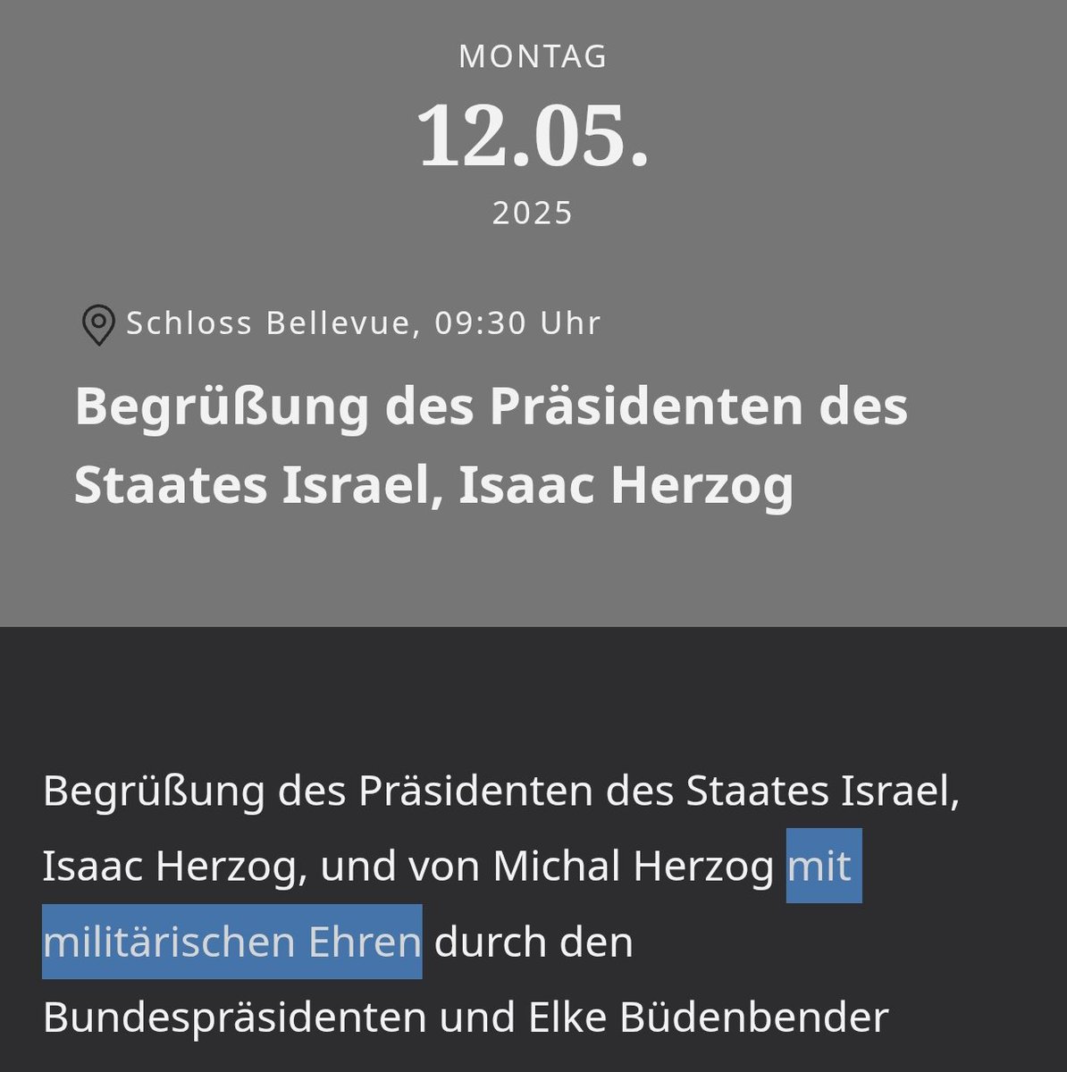 Bundespräsident Steinmeier empfängt feierlich den Präsidenten eines Staates, dessen Premier wegen Kriegsverbrechen vom #ICJ gesucht wird: "mit militärischen Ehren".

Die BRD steht fest an der Seite von Genozid, Apartheid und ethnischer Säuberung. Das ist deren politisches Erbe.