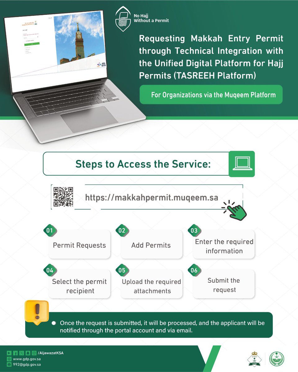 Steps to issue an entry permit to Makkah (for establishments) through technical integration with #Tasreeh_Platform.

#SaudiPassports