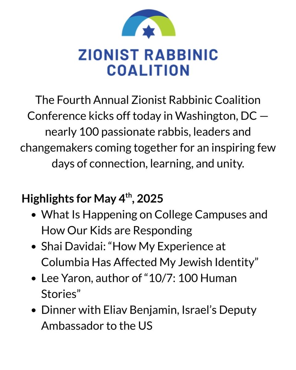 The Fourth Annual Zionist Rabbinic Coalition Conference kicks off today in Washington, DC — nearly 100 passionate leaders and changemakers coming together for an inspiring few days of connection, learning, and unity. #ZRC2025 #JewishLeadership #ZionistVoices