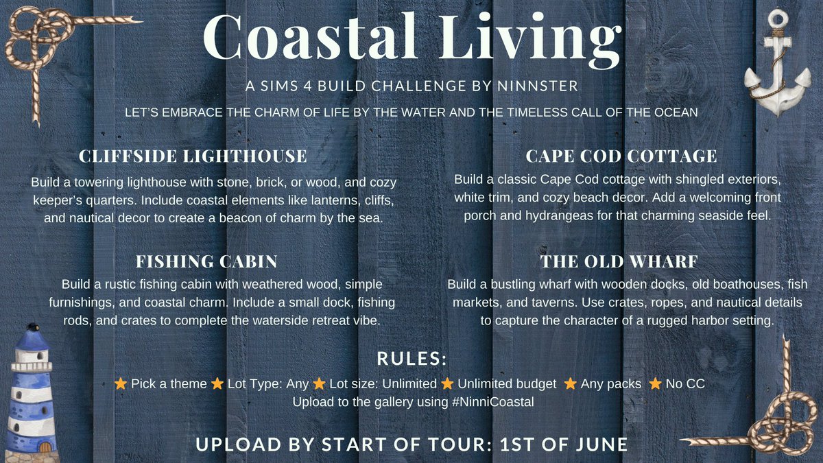 Ninnster00's tweet image. ✨Hi Simmers ✨

The May challenge is finally here and it&apos;s all about the call of the ocean ⚓️🎣   

Upload your entry to the gallery using #NinniCoastal  and come join the tour starting on June 1st! 

#TheSims #TheSims4 #Sims4