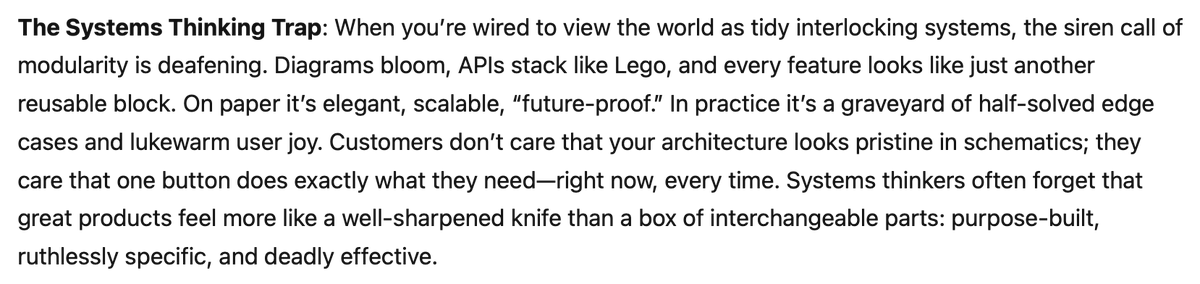 o3 described the danger of systems thinking in product development better than I could:
