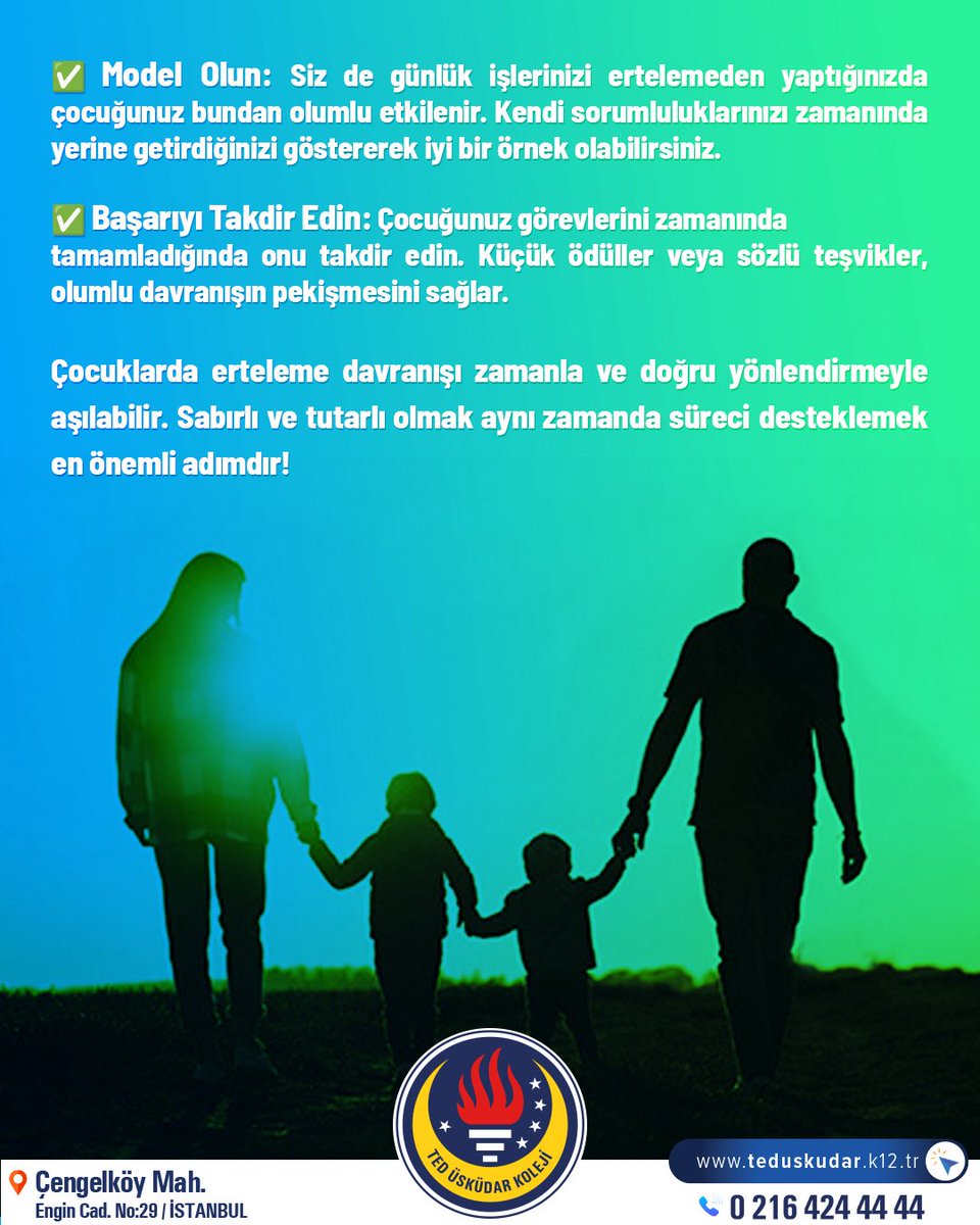 TED Üsküdar Koleji Rehberlik ve Psikolojik Danışmanlık Bölümü olarak, “Çocuklarda erteleme davranışı” anlayışından hareketle, anne babalara ve öğrencilerimize destek olabilecek bilgileri sizlerle paylaşmak istedik. #TED #TEDüsküdarkoleji #pdröneriyor