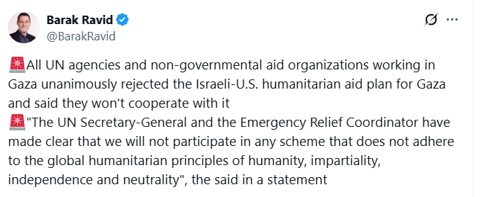 The UN and fake NGOs like <a href="/hrw/">Human Rights Watch</a> <a href="/amnesty/">Amnesty International</a> don't actually care about Gazan lives. They want to see Hamas survive and Israel destroyed. Anything that does not promote this primary goal is rejected, such as this new plan to feed Gazans, because it would greatly weaken Hamas.