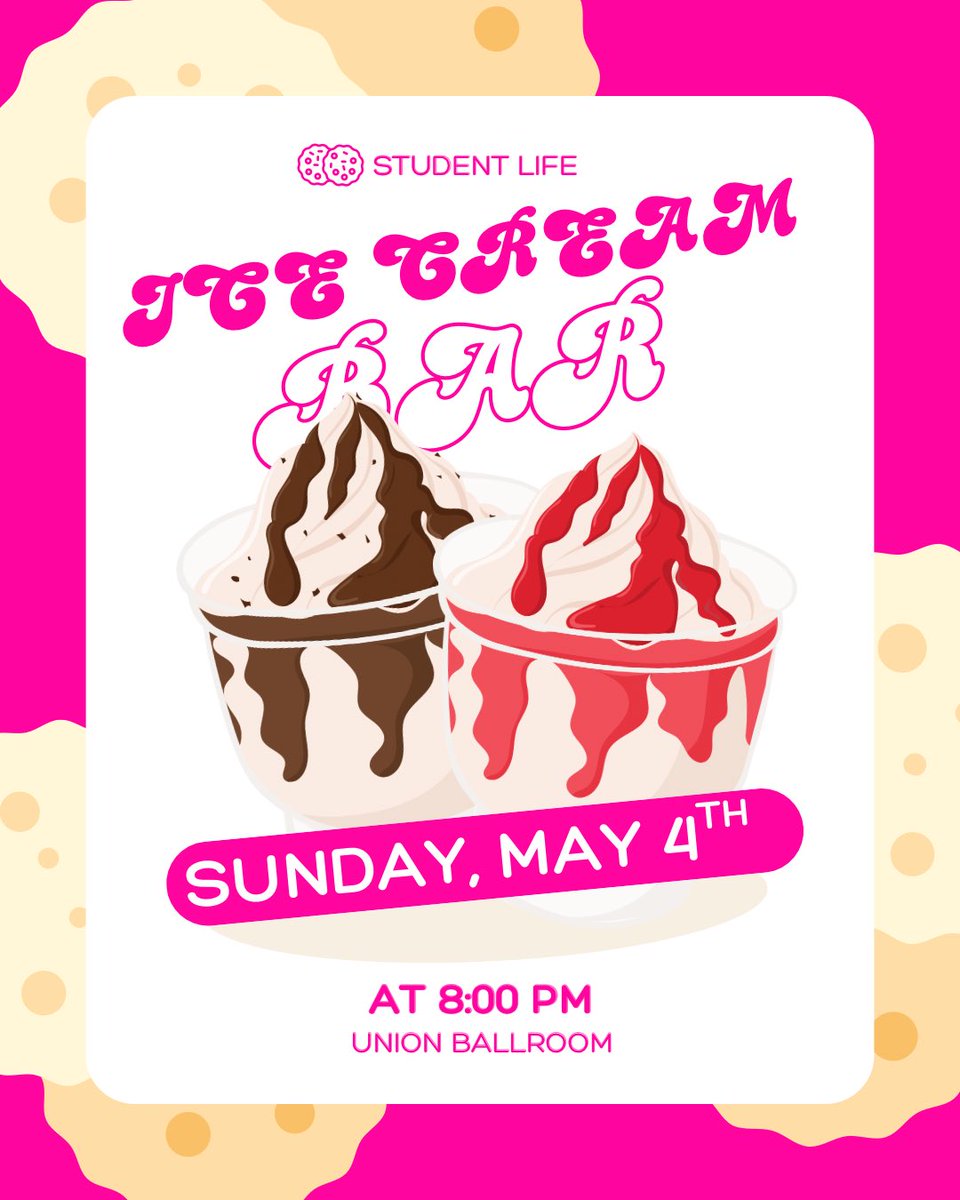 Take a study break and stop by the Union at 8pm tonight to make a free ice cream sundae! 🍨