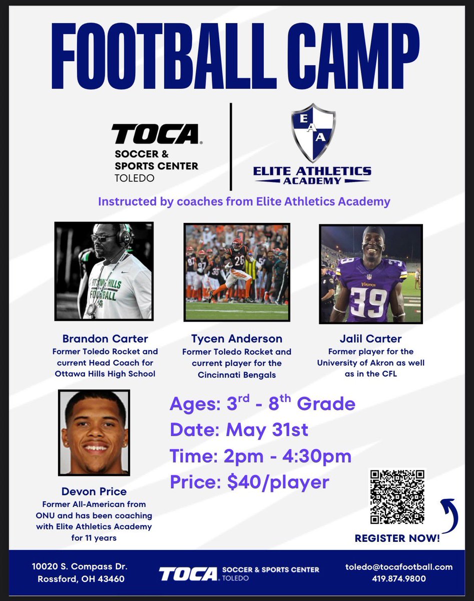 <a href="/elite_athletix/">EliteAthletixAcademy</a> presents our youth camp at the TOCA Dome. <a href="/beecee419/">Coach Brandon Carter</a> <a href="/devonprice__/">PriceIsRight</a> <a href="/MrToledo01/">Tycen Anderson</a> and Jalil Carter welcome any current 3rd-8th grader to come out and work on their skills. Scan the QR code and get signed up today and secure your spot. See you at the dome!!!!