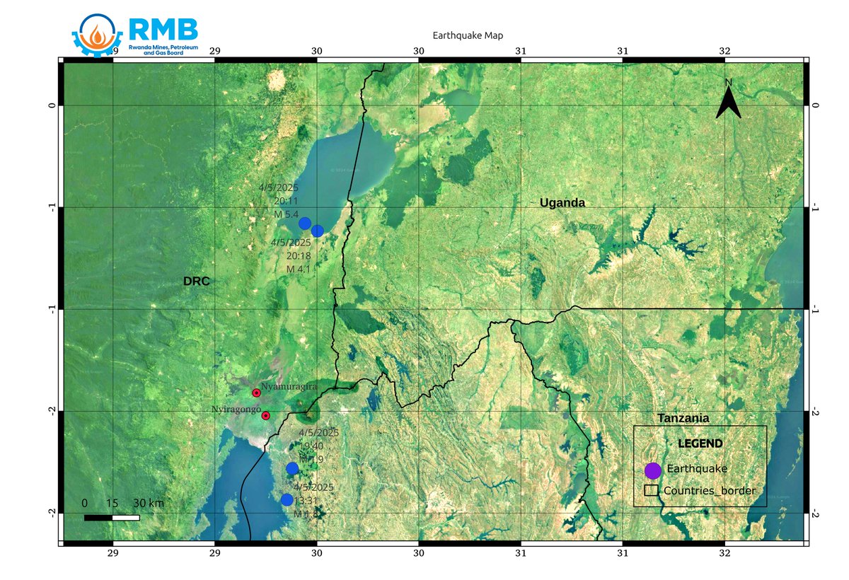 Today, on 4 May 2025 at 20:11 CAT, an earthquake of 5.4 (Richter Scale) occurred originating from Lake Edward. Seven minutes later, this was followed by an aftershock of magnitude 4.1 (Richter Scale).