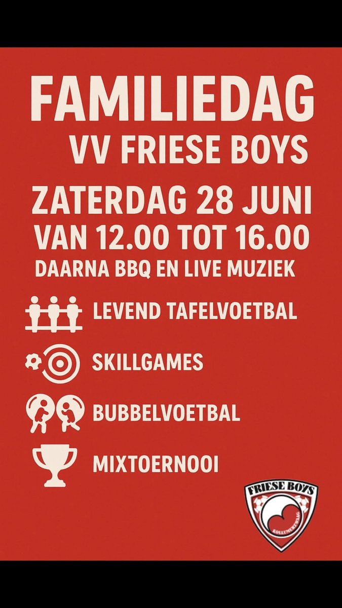 🎉 𝐅𝐀𝐌𝐈𝐋𝐈𝐄𝐃𝐀𝐆 𝐯𝐯 𝐅𝐑𝐈𝐄𝐒𝐄 𝐁𝐎𝐘𝐒 ⚽
🗓️ Datum: zaterdag 28 juni
🕓 12.00 uur - 16.00 uur
📍 Sportpark de Saedkampe 

🔴⚪ Trek je sportkleren aan en doe mee met een dag vol plezier voor jong &amp; oud! ⚪🔴