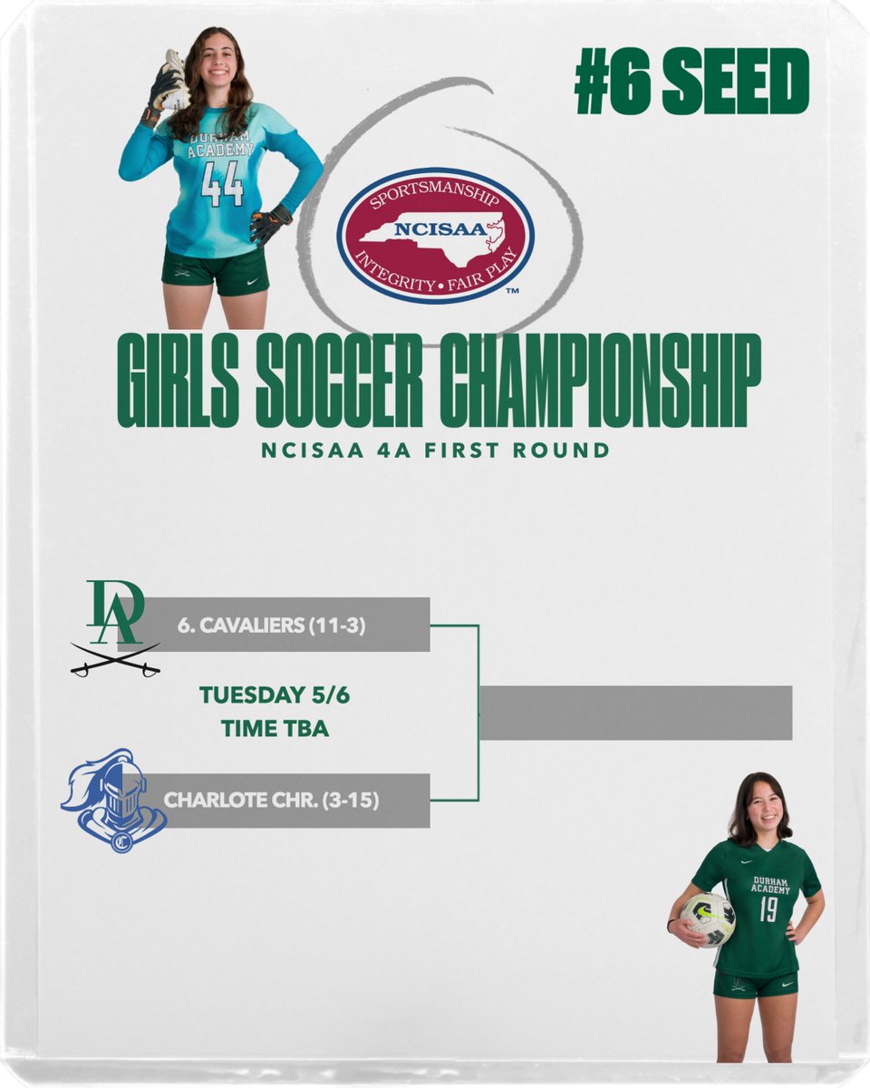 Durham Academy Athletics (@daathletics) on Twitter photo The TISAC champ <a href="/DAGirlsSoccer/">DAGirlsSoccer</a> team earns the #6 seed and will host <a href="/CharChristAD/">Charlotte Christian Athletics</a> on Tuesday at Moylan Field - time TBA The TISAC champ <a href="/DAGirlsSoccer/">DAGirlsSoccer</a> team earns the #6 seed and will host <a href="/CharChristAD/">Charlotte Christian Athletics</a> on Tuesday at Moylan Field - time TBA
