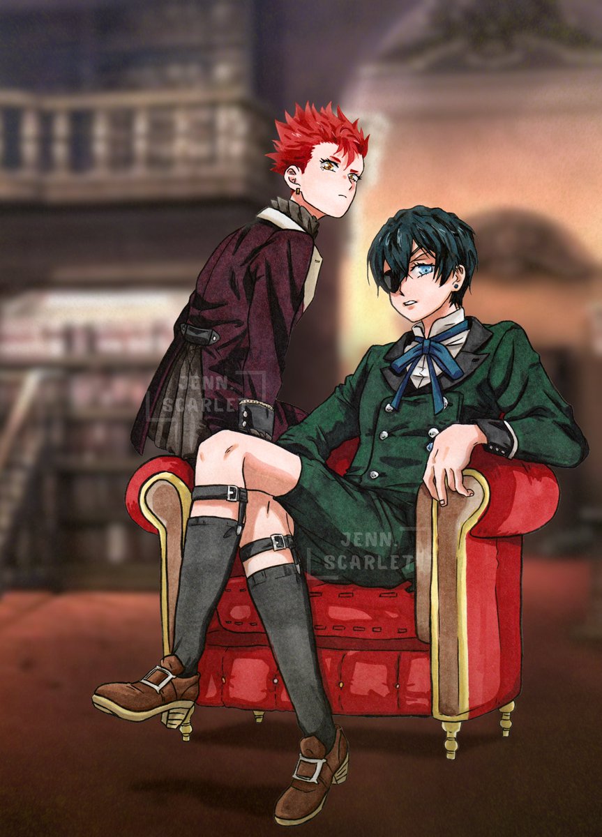 JennScarlet87's tweet photo. ♟️Asuka &amp; Ciel🤵🏻‍♂️

En pleine hype de #BlackButler, voilà l'occasion rêvée de dessiner Ciel Phantomhive en compagnie de mon OC Asuka !! https://t.co/qB5Fg0P942