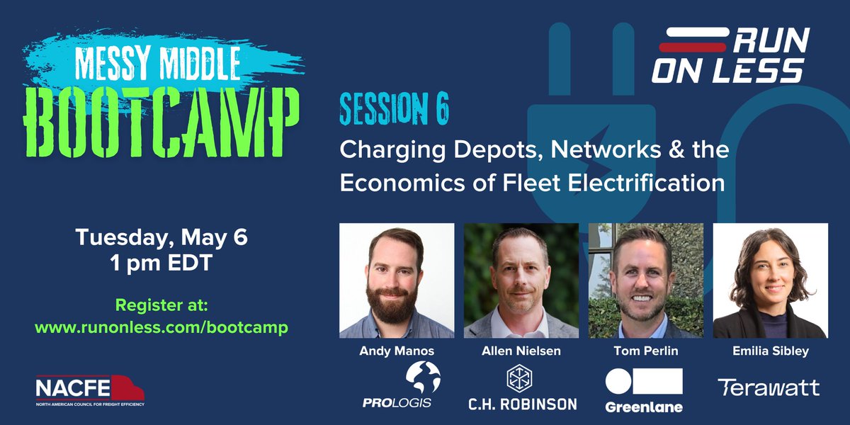 TODAY 5/6 at 1 pm ET Charging Depots, Networks &amp; The Economics of Fleet Electrification. Come listen to the latest about #BEVs in #heavyduty #longhaul applications. Come learn with us: runonless.com/bootcamp