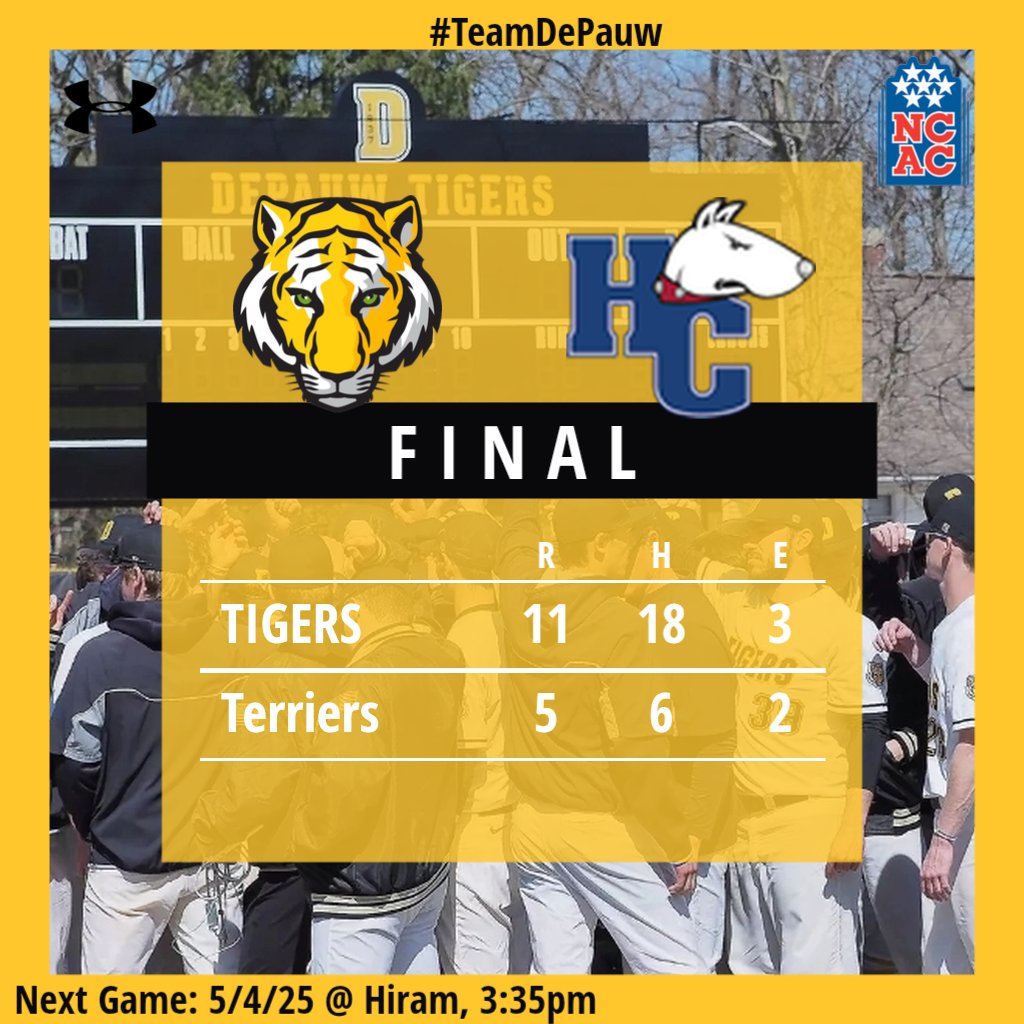 TIGERS WIN!!!
 11-5 game 1 over Hiram

W: O'Meara, 3IP 1K
2B: Bond, Straub, Knoll 2, Johnson
3B: Howard
#TeamDePauw #D3Baseball