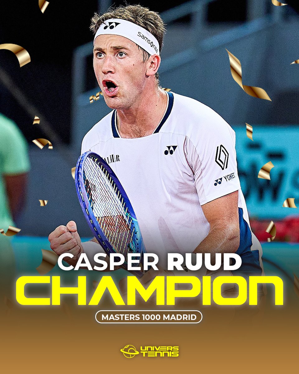 UniversTennis's tweet photo. PREMIER GRAND TITRE POUR RUUD 🏆

Casper Ruud s'impose après 2h29 contre Jack Draper en finale du tournoi de Madrid (7-5, 3-6, 6-4) pour décrocher son 13e et plus grand titre en carrière. 🔥🇳🇴

Il devient le tout premier joueur norvégien à remporter un Mastrers 1000. 🤯