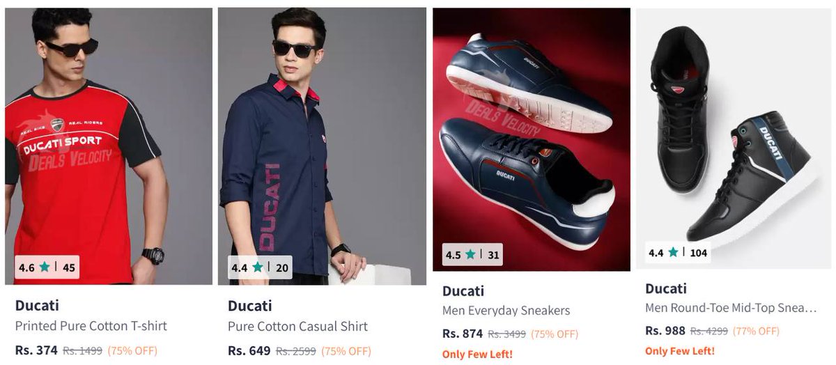dealsvelocity's tweet image. 🚨 Ducati Fans! 🚨

Myntra: Min. 75% Off on Ducati Clothing 🧥🔥
Grab Ducati Shoes too 👟👇

Clothing: ibit.ly/VGg21
Shoes: ibit.ly/UH_PJ

#MyntraSale #DucatiStyle #MensFashion #LootDeal #OnlineShopping #DealsAlert