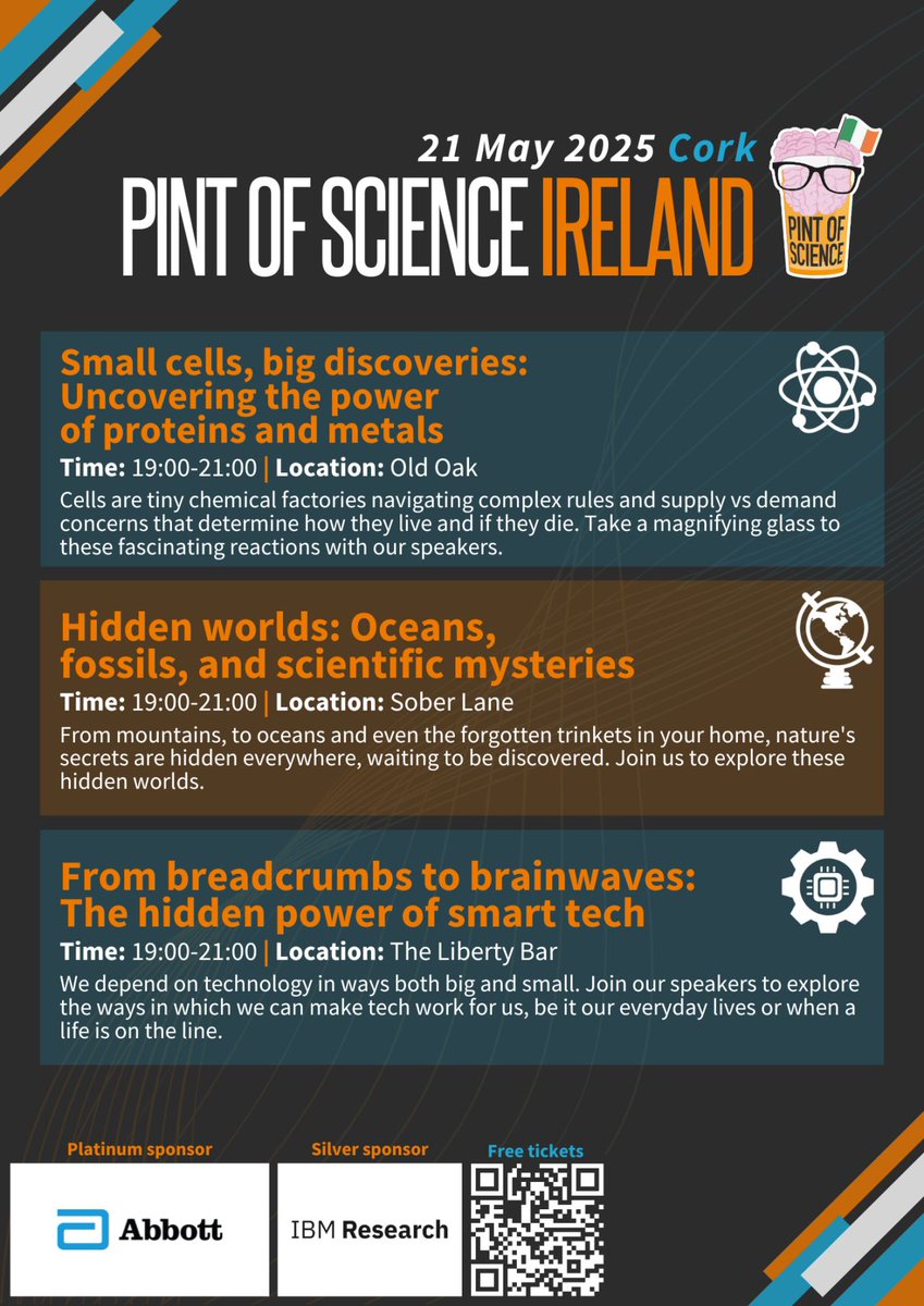 🚀#Pint25 Cork: 9 Incredible Topics, 5 Fantastic Venues! 🌟

Join us 19-21 May for Pint of Science Cork! Experience fascinating talks on topics like microbes, baby brain development, &amp; sustainable futures from 19:00 to 21:00 each evening!

Don't miss out! 🧪🍻#PintofScience