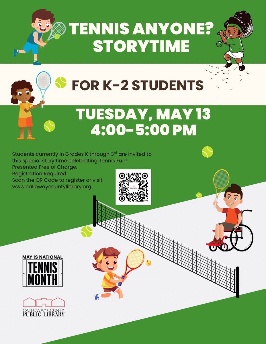 CCPL is pleased to partner with the Paducah Tennis Association to host “Tennis Anyone?,” a story time program for K-2nd Grade students on Tues., May 13, from 4:00-5:00 PM at CCPL.

For more info and registration, visit callowaycountylibrar.org. 

#callowaycountylibrary