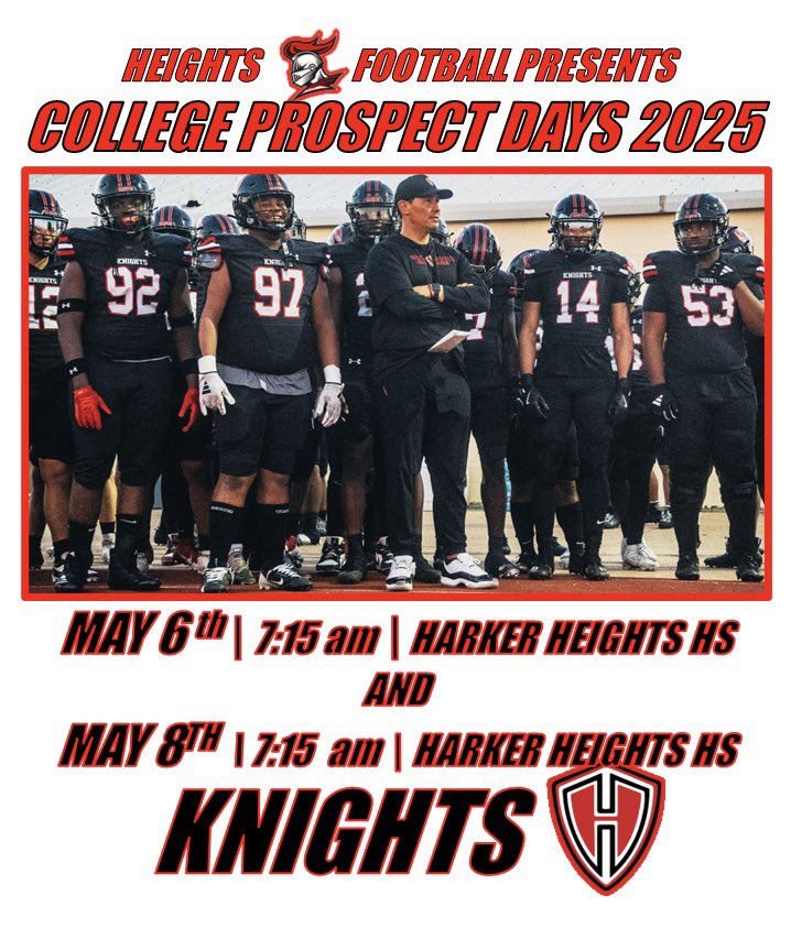 Harker Heights Football (@hhknights_fb) on Twitter photo ๐Week 3 | Spring Ball โณ
More opportunities with โ๏ธ Live Prospect Practices this week โฐโฐโฐ 7:15 am
#RepTheShield ๐ก๏ธ #HonorHeights โ๏ธ
<a href="/KilleenISD_/">KISD Sports</a> | <a href="/RecruitHeights/">RecruitTheShield</a>
<a href="/MarkHum7/">Mark Humble</a> | <a href="/Knight_Strength/">Knight Strength</a> ๐Week 3 | Spring Ball โณ
More opportunities with โ๏ธ Live Prospect Practices this week โฐโฐโฐ 7:15 am
#RepTheShield ๐ก๏ธ #HonorHeights โ๏ธ
<a href="/KilleenISD_/">KISD Sports</a> | <a href="/RecruitHeights/">RecruitTheShield</a>
<a href="/MarkHum7/">Mark Humble</a> | <a href="/Knight_Strength/">Knight Strength</a>