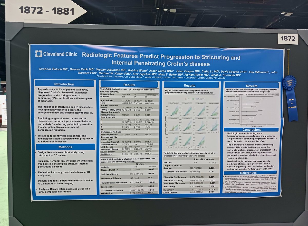 GrahnazB's tweet image. Honored to present our Poster of Distinction on radiologic predictors of progression to stricturing & IP Crohn’s. Grateful for my amazing mentors!! @IBD_FloMD @JKurowskiMD #DDW2025 @DDWMeeting