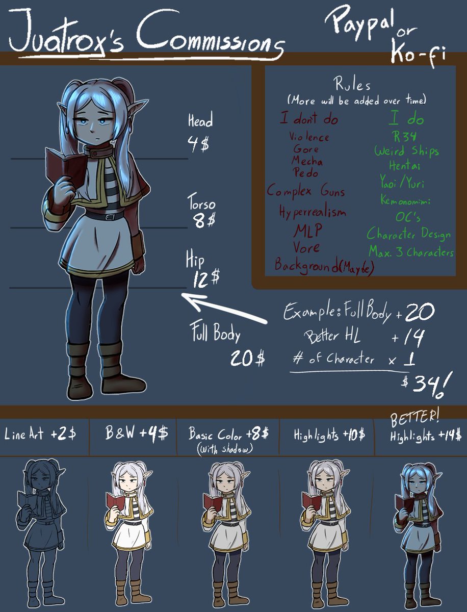 Juatrox's tweet image. Commission table.
Any aspect can be negotiated, even the "I don't do" items (maybe).
For more information, please inbox.