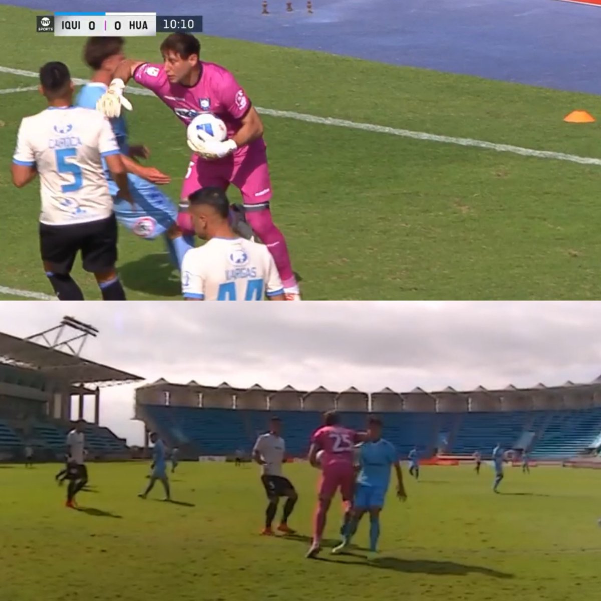 DiegoConstanzo's tweet photo. Tremendo codazo de Rodrigo Odriozola a Leonardo Troncoso de Deportes Iquique. Pese a la claridad de las imágenes no existió llamado de VAR, mucho menos amonestación. https://t.co/Mml8kqgX9a
