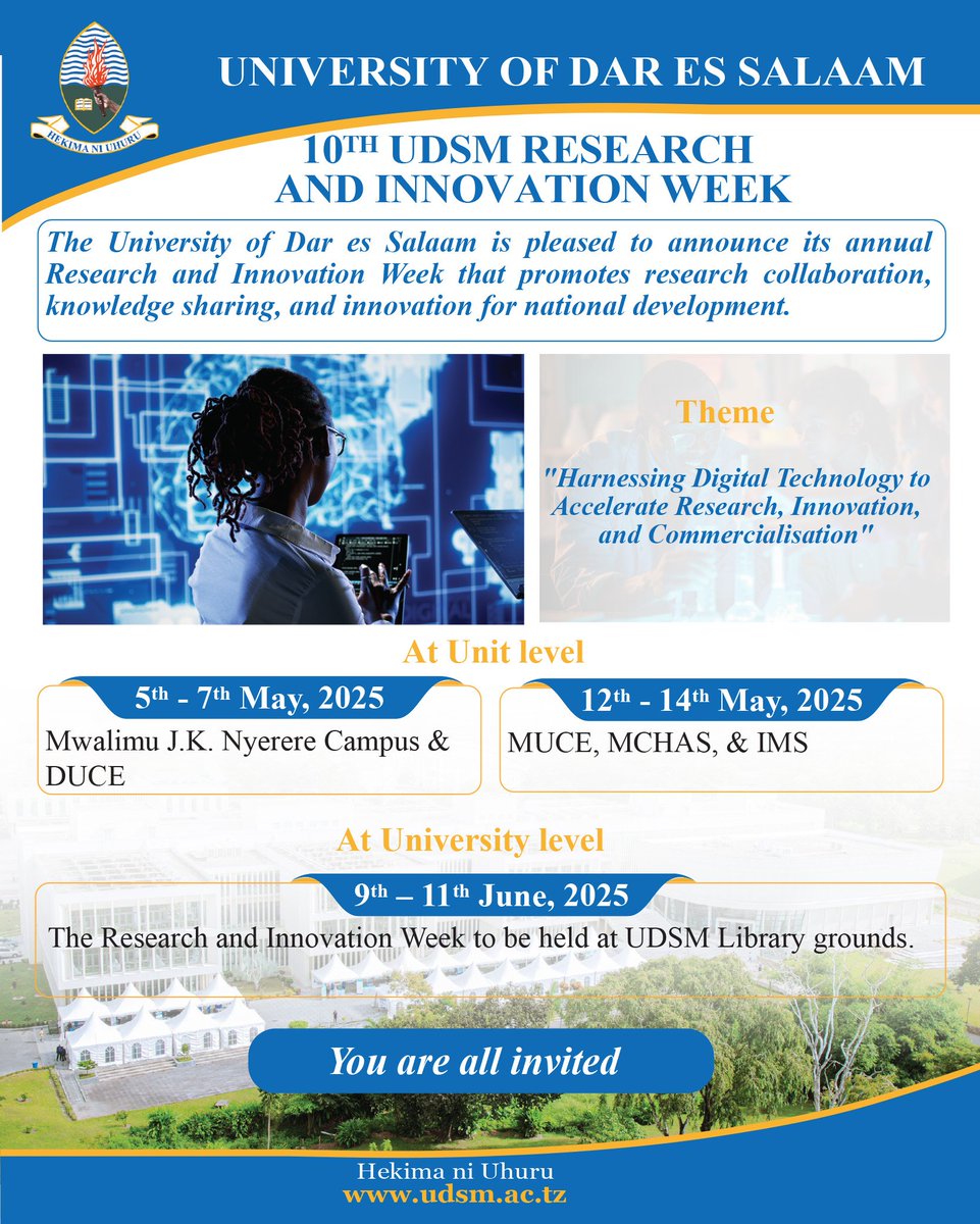 University of Dar es Salaam (@udsmofficial) on Twitter photo Join us as we begin the ๐๐๐ญ๐ก ๐๐๐๐ ๐๐๐ฌ๐๐๐ซ๐๐ก ๐๐ง๐ ๐๐ง๐ง๐จ๐ฏ๐๐ญ๐ข๐จ๐ง ๐๐๐๐ค and witness how cutting-edge research and digital innovation are shaping Tanzaniaโs future.
๐๐๐ข๐ ๐๐๐ฃ๐๐๐ฃ๐๐๐๐๐ก ๐๐๐ก๐ก๐๐๐ . ๐ฟ๐๐ก'๐ ๐๐๐๐๐ฃ๐๐ก๐ ๐ก๐๐๐๐กโ๐๐! Join us as we begin the ๐๐๐ญ๐ก ๐๐๐๐ ๐๐๐ฌ๐๐๐ซ๐๐ก ๐๐ง๐ ๐๐ง๐ง๐จ๐ฏ๐๐ญ๐ข๐จ๐ง ๐๐๐๐ค and witness how cutting-edge research and digital innovation are shaping Tanzaniaโs future.
๐๐๐ข๐ ๐๐๐ฃ๐๐๐ฃ๐๐๐๐๐ก ๐๐๐ก๐ก๐๐๐ . ๐ฟ๐๐ก'๐ ๐๐๐๐๐ฃ๐๐ก๐ ๐ก๐๐๐๐กโ๐๐!