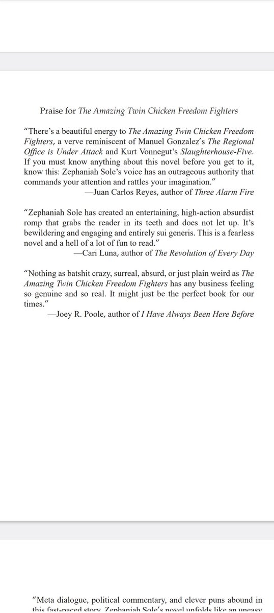 Infinite thanks to Juan Carlos Reyes, Cari Luna, and Joey R. Poole for the advanced praise on The Amazing Twin Chicken Freedom Fighters🤗
#WritingCommunity 

The Revolution will not be pasteurized✊🏼