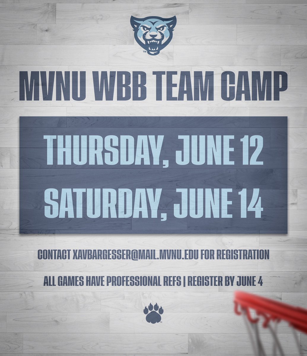 MVNU Women’s Basketball (@mvnu_wbb) on Twitter photo Our team camp is right around the corner! All high schools welcome! Registration ends on June 4th.
To register contact xavbarsegger@mail.mvnu.edu
Additional details provided here: mvnucougars.com/Camps Our team camp is right around the corner! All high schools welcome! Registration ends on June 4th.
To register contact xavbarsegger@mail.mvnu.edu
Additional details provided here: mvnucougars.com/Camps