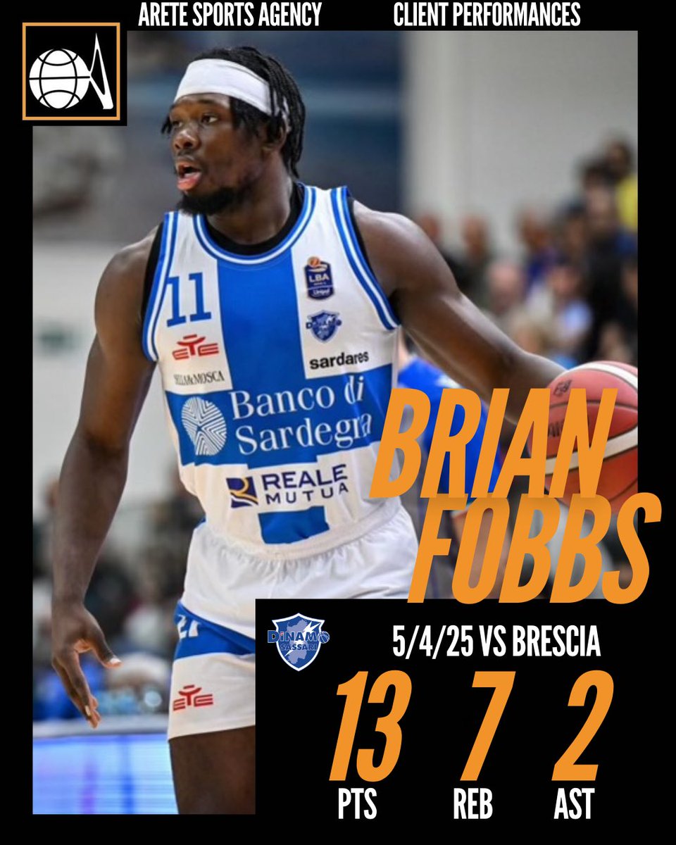Brian Fobbs had an efficient performance with 13 points, 7 rebounds, and 2 assists in today’s game for <a href="/dinamo_sassari/">Dinamo Sassari</a>. Sassari drops the game to Brescia, 77-96.

#basketball #performance #result #arete #aretesports #aretesportsagency #areteeurope #aretefamily
