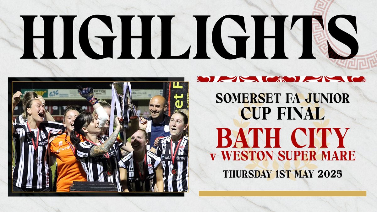 Bath City FC (@bathcity_fc) on Twitter photo ๐บ ๐ ๐ข๐ง๐
Settle down on the sofa this evening for extended highlights of Thursday evening's <a href="/SomersetFA/">Somerset FA</a> Junior Cup Final between <a href="/BathCityWFC/">Bath City Women FC</a> and <a href="/WsMAFCWomen1/">Weston-super-Mare AFC Women</a>
From 9:30pm here ๐
youtube.com/watch?v=WYn0-Uโฆ
โซ๏ธโช๏ธ #Romans ๐บ ๐ ๐ข๐ง๐
Settle down on the sofa this evening for extended highlights of Thursday evening's <a href="/SomersetFA/">Somerset FA</a> Junior Cup Final between <a href="/BathCityWFC/">Bath City Women FC</a> and <a href="/WsMAFCWomen1/">Weston-super-Mare AFC Women</a>
From 9:30pm here ๐
youtube.com/watch?v=WYn0-Uโฆ
โซ๏ธโช๏ธ #Romans