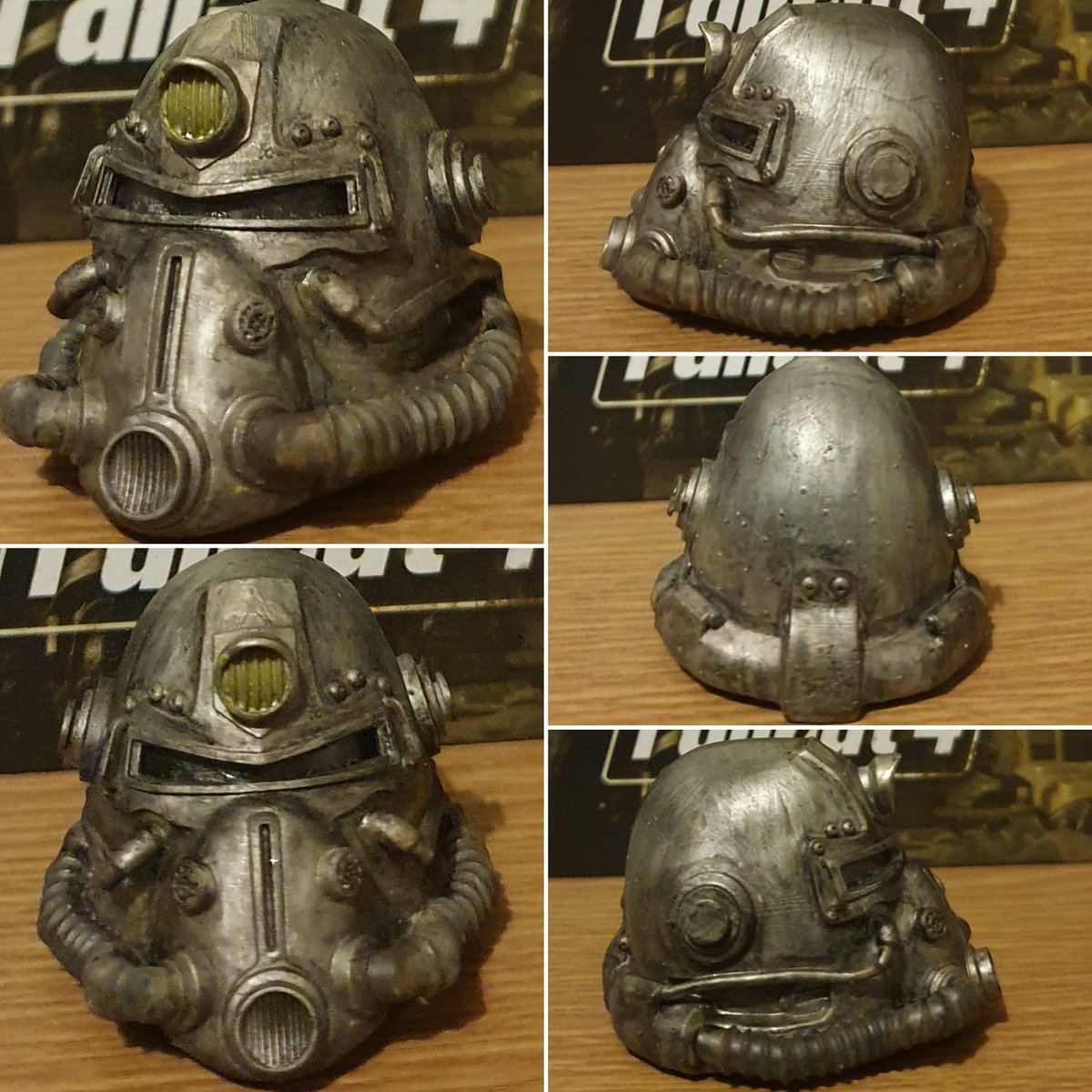 Batman_DCC27's tweet photo. Finished painting 3d printed Fallout T-51 &amp; T-45 power armour helmets. #fallout #powerarmor #helmets #vaultec #modelpainting #t-45 #t-51 #3dprintedmodel #bethesda #warneverchanges https://t.co/hK7rizniis