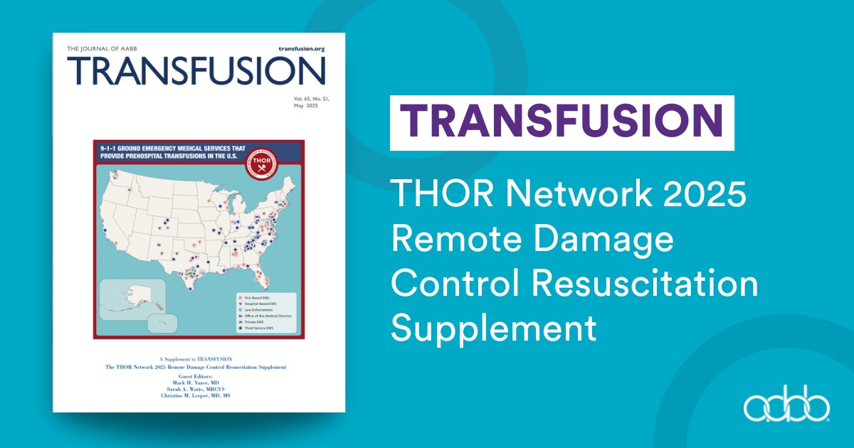 AABB (@aabb) on Twitter photo Hot off the press! 📰🔥
The May issue of #Transfusion includes <a href="/theTHORnetwork/">THOR_Network</a>’s 2025 Remote Damage Control Resuscitation Supplement, featuring 40+ open-access articles on the most pressing disaster preparedness and emergency response topics.
Dive in: bit.ly/4m02Xir Hot off the press! 📰🔥
The May issue of #Transfusion includes <a href="/theTHORnetwork/">THOR_Network</a>’s 2025 Remote Damage Control Resuscitation Supplement, featuring 40+ open-access articles on the most pressing disaster preparedness and emergency response topics.
Dive in: bit.ly/4m02Xir