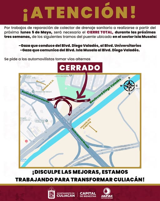 Riodoce_mx's tweet photo. #QueNoSeTeOlvide | Mañana lunes 05 de mayo, la #Japac inicia la reparación del colector de drenaje sanitario en el sector #IslaMusala.
👉https://t.co/UrfvuNVF5K https://t.co/Pcbtrblvjd