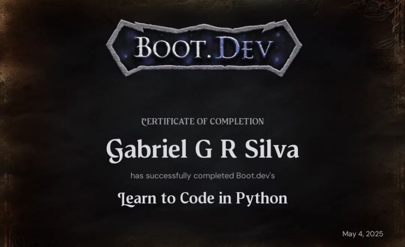 I've just received my first #Python certificate from the Boot.dev's Learn to Code in Python Course! <a href="/bootdotdev/">Boot.dev</a> is awesome and I've learned a lot! Onward with my journey in programming! 🥳 💻 
(Thanks <a href="/wagslane/">Lane || Boot.dev</a> !)
#programming #coding  #Tech #SoftwareEngineering