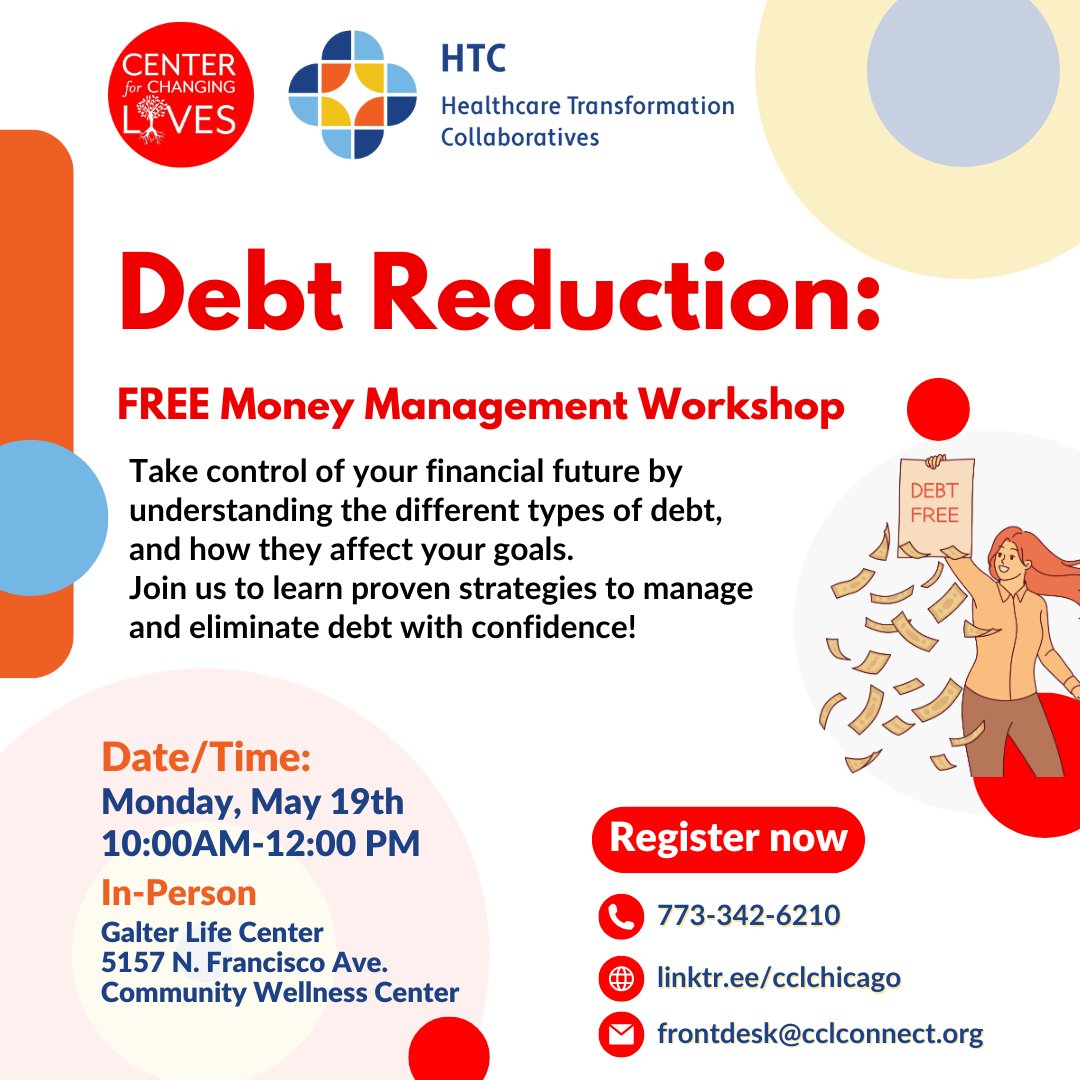 💳 In debt or want to manage it better?
Join our FREE Debt Management Workshop on May 19 at 10AM at Galter Life Center (5157 N Francisco, Chicago).
Learn strategies to reduce debt &amp; build financial health!
Sign up at linktr.ee/cclchicago
#DebtFreeJourney #MoneyMatters