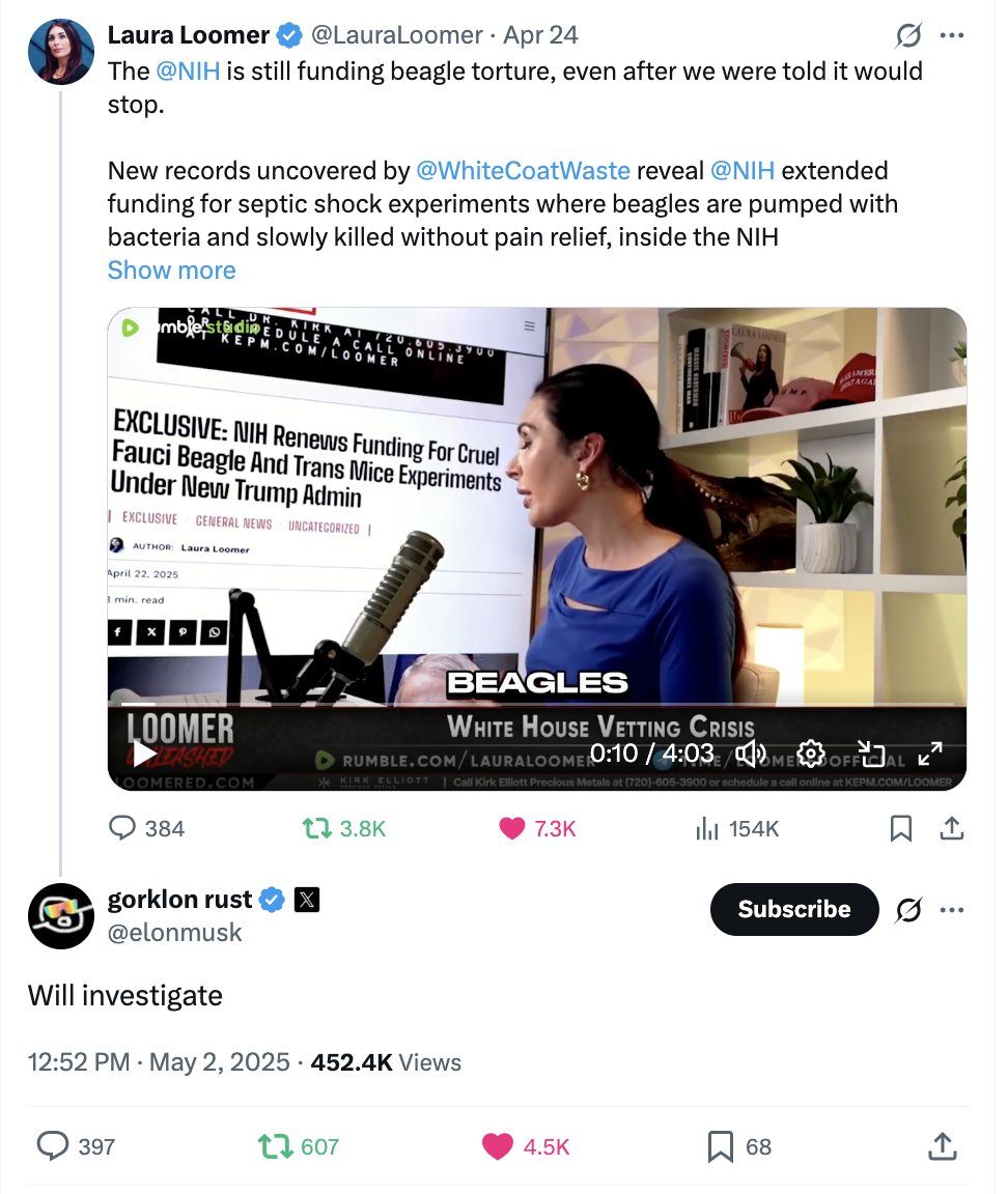 JustinRGoodman's tweet image. Days after @LauraLoomer &amp;amp; @elonmusk joined @WhiteCoatWaste in calling out @NIH&apos;s in-house septic shock experiments on beagles, @DrJBhattacharya just announced the dog lab has been shut down!

💪🐶⛓️‍💥