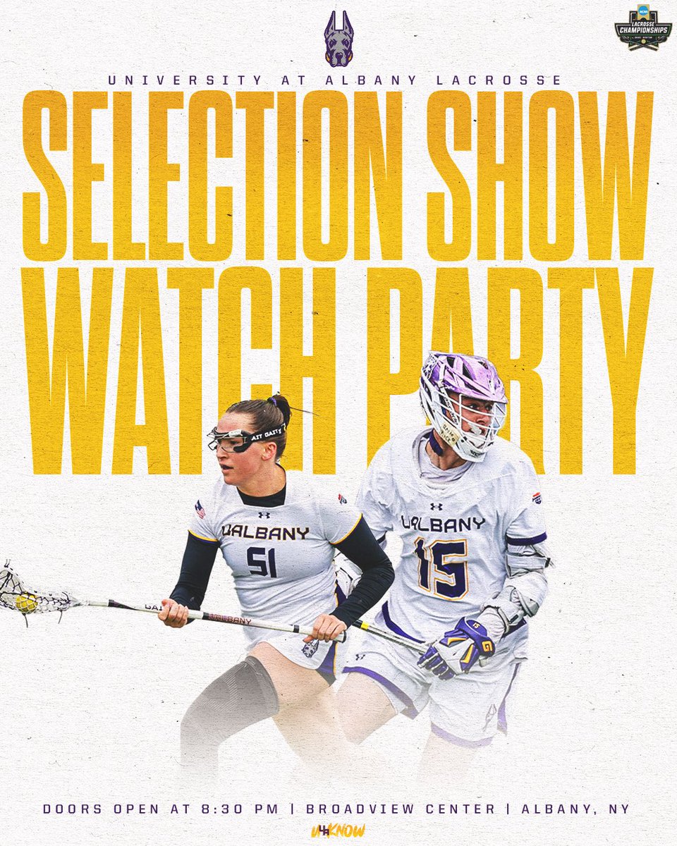 UAlbany Sports (@ualbanysports) on Twitter photo Where the lacrosse fans at?!?
Both <a href="/UAlbanyMLax/">UAlbany Lacrosse</a> & <a href="/UAlbanyWLax/">UAlbany Women's Lacrosse</a> are going DANCIN’ 🕺💃
Find out who the Great Danes will be taking on in the <a href="/NCAALAX/">NCAA Lacrosse</a> Selection Show 📺
Follow along or join the teams at <a href="/Broadviewfcu/">Broadview Federal Credit Union</a> Center TONIGHT starting at 9PM 🏟️
#UAUKNOW Where the lacrosse fans at?!?
Both <a href="/UAlbanyMLax/">UAlbany Lacrosse</a> & <a href="/UAlbanyWLax/">UAlbany Women's Lacrosse</a> are going DANCIN’ 🕺💃
Find out who the Great Danes will be taking on in the <a href="/NCAALAX/">NCAA Lacrosse</a> Selection Show 📺
Follow along or join the teams at <a href="/Broadviewfcu/">Broadview Federal Credit Union</a> Center TONIGHT starting at 9PM 🏟️
#UAUKNOW