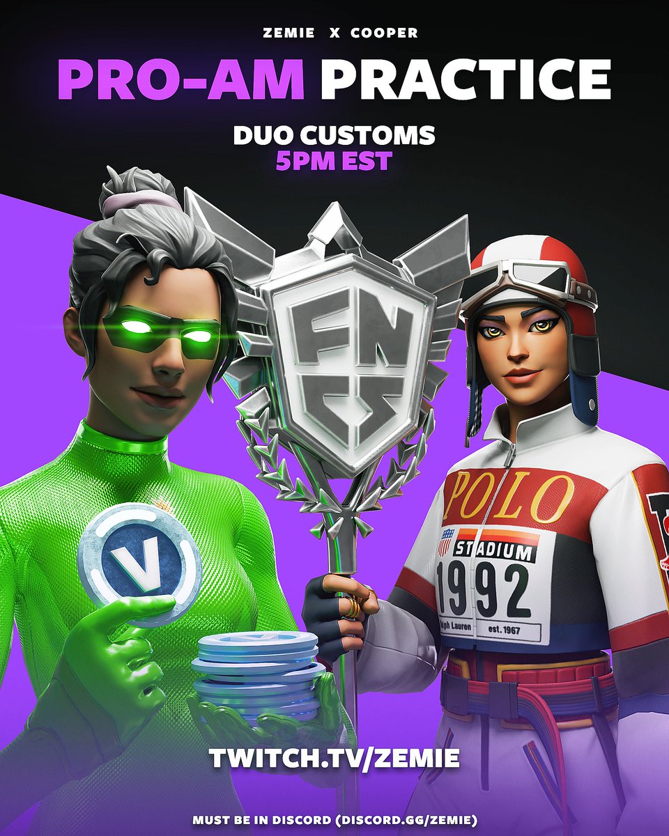 🏆 ZEMIE X COOPER PRO-AM DUO SCRIMS 🏆

Duos that win a game get V-Bucks

Today - 5pm EST