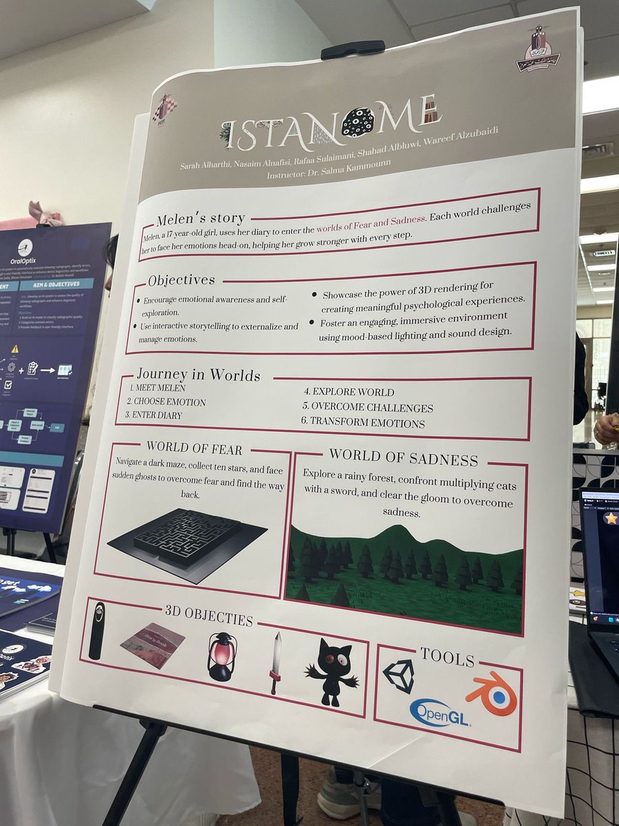 nasaim204's tweet image. انتهت رحلتي مع ISTANOME 🤎
صممت شخصيات اللعبة باستخدام Blender بكل حب واهتمام بالتفاصيل، وحاولت أعكس مشاعر الشخصيات من خلال أشكالها.

شكرًا لكل من نَوّرنا اليوم، وإن شاء الله اللعبة كانت عند حسن ظنكم.
كانت تجربة ممتعة ومميزة، وبإذن الله القادم أجمل ✨
#ISTANOME #GraphicsProject