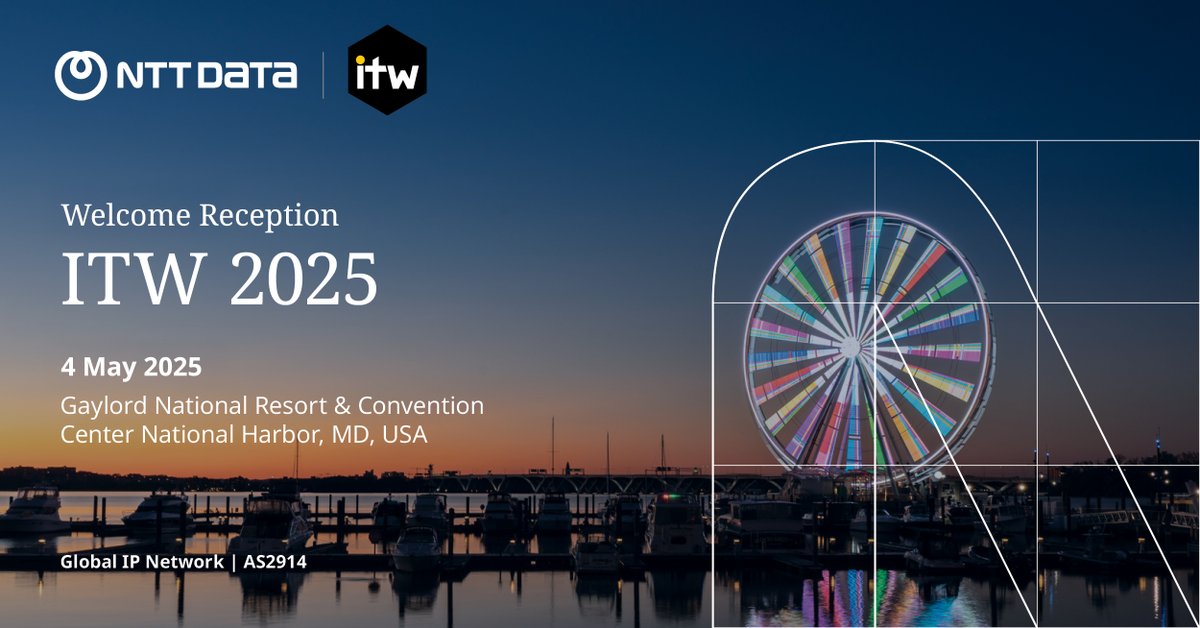GinNTTnet's tweet photo. Welcome to #ITW2025! @nttdata_inc is very pleased to sponsor the Welcome Reception today starting at 6 pm. Join us for an evening of networking, innovation, and inspiration as we celebrate the global communications and digital infrastructure community. This is a great opportunity to connect with colleagues and industry peers, share ideas, and explore new possibilities. We look forward to seeing you there and making ITW 2025 a memorable experience for everyone.
ITW 2025 is hosted by @ITWGLF and @capacitymedia.
#NTTDATA #welcome #KeepingTheWorldConnected