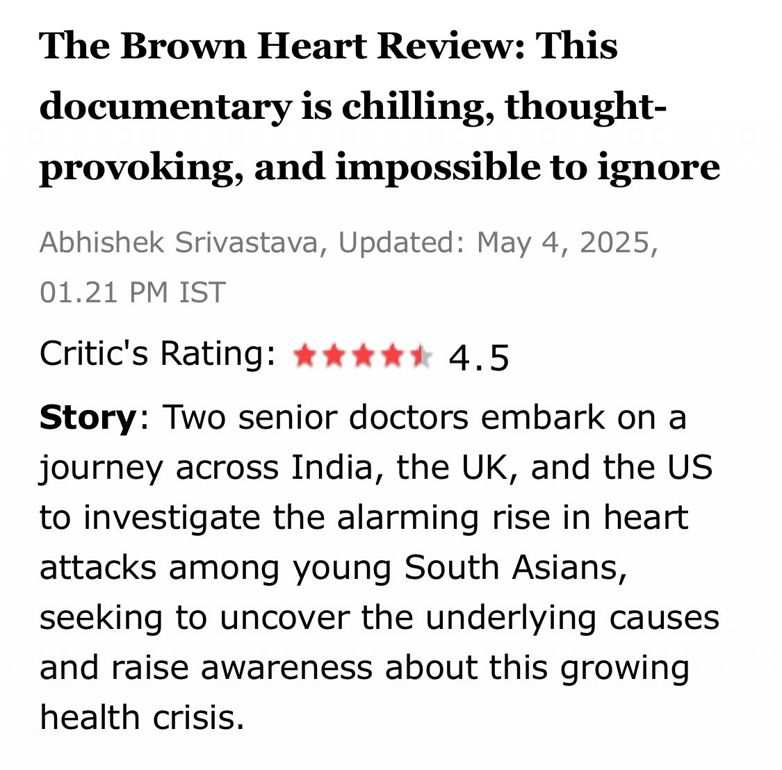 Ankur Kalra (@ankurkalramd) on Twitter photo The <a href="/timesofindia/">The Times Of India</a> has given the documentary-drama, The Brown Heart, 4.5/5 stars. Please help us spread the word, share your feedback, and catch the review here: timesofindia.indiatimes.com/entertainment/… The <a href="/timesofindia/">The Times Of India</a> has given the documentary-drama, The Brown Heart, 4.5/5 stars. Please help us spread the word, share your feedback, and catch the review here: timesofindia.indiatimes.com/entertainment/…