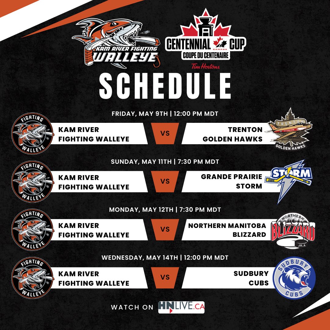 🚨 Our Centennial Cup round-robin schedule is set! 

Game 1 is this Friday at 12 PM Mountain time against the OJHL champions, the Trenton Golden Hawks!

#FearTheFish