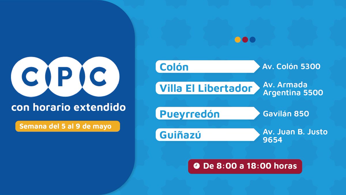 #ATENCIÓN |📍Esta semana, los siguientes #CPC atenderán las gestiones de los vecinos en horario extendido:

✅ Colón 
✅ Villa el Libertador 
✅ Pueyrredón  
✅ Guiñazú