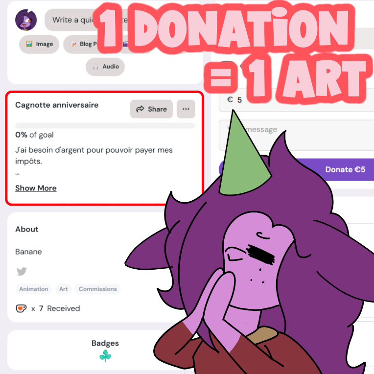 J'ai besoin de votre aide pour mon anniversaire. ⚠️🎁

Mes impôts approchent et il me manque de l'argent. Tout soutient m'aiderait!

Chaque donateur sur KO-FI aura le droit à un art de ma part ❤️