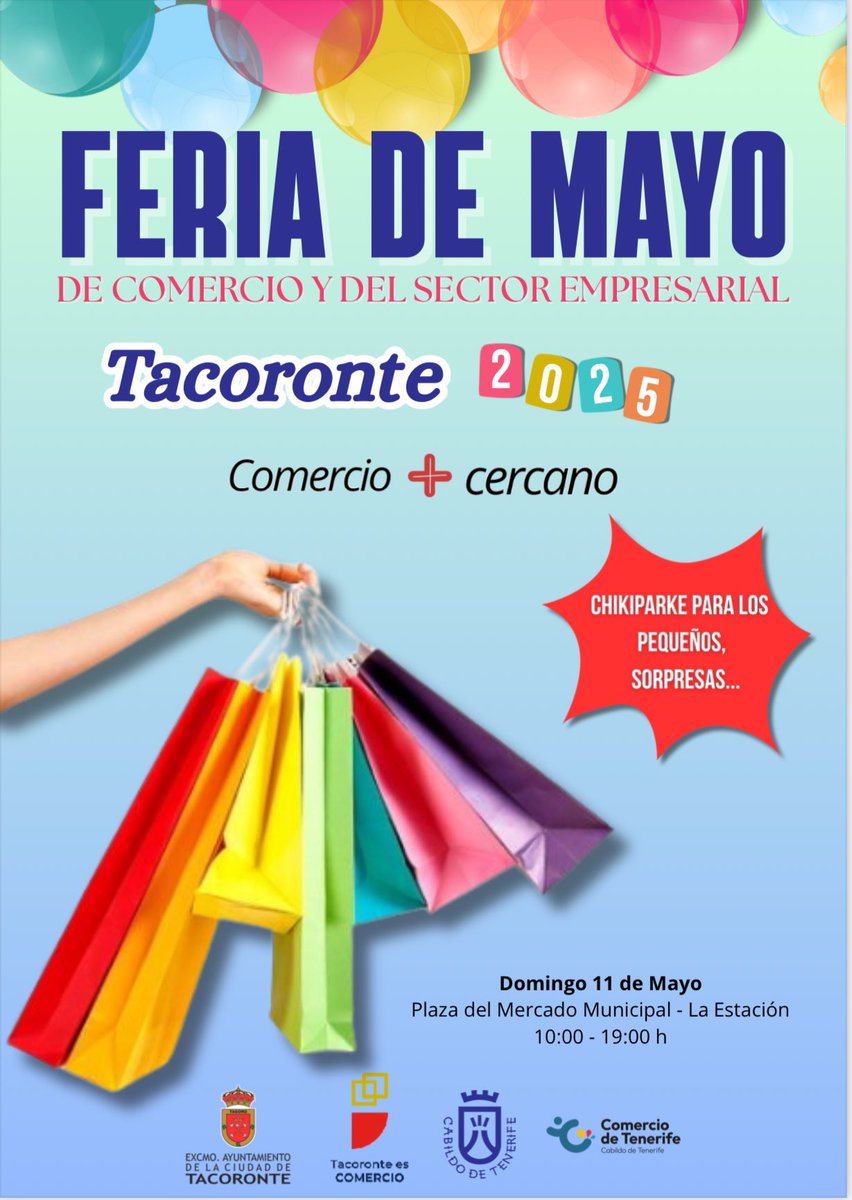 Llega la #FeriadeMayo de #Tacoronte con los mejores #descuentos y #oportunidades del #comerciolocal 

Te esperamos este domingo 11 de mayo, de 10.00 a 19.00 horas en la plaza del Mercado Municipal La Estación. Entrada libre. 

#comerciomascercano <a href="/CabildoTenerife/">Cabildo de Tenerife</a>